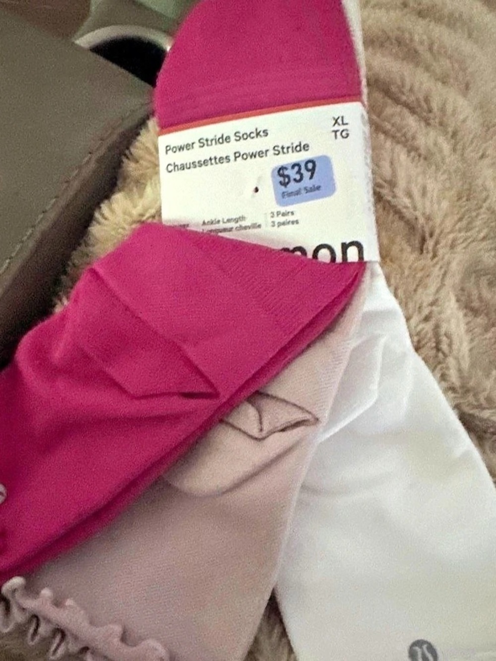 lululemon Power Stride Ankle Socks 3-Pack Pink & White lettuce edge